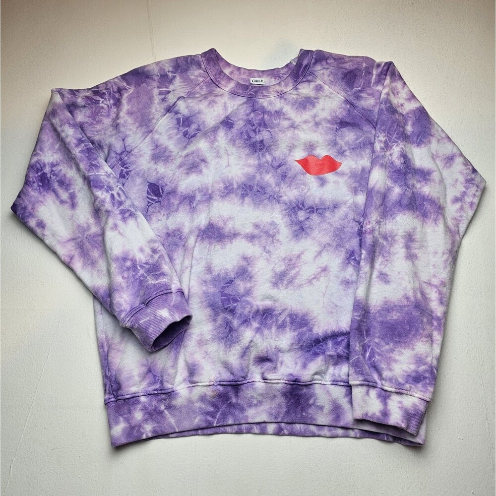 Clare V. Tie-Dye Crewneck Purple Cotton Sweatshirt Logo Raglan Women’s M